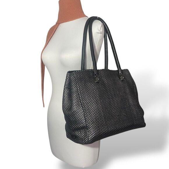 Cole Haan Genuine Leather Woven Black Silver Bag Tote Double Handle 13 x 11 x 6" - Picture 2 of 13